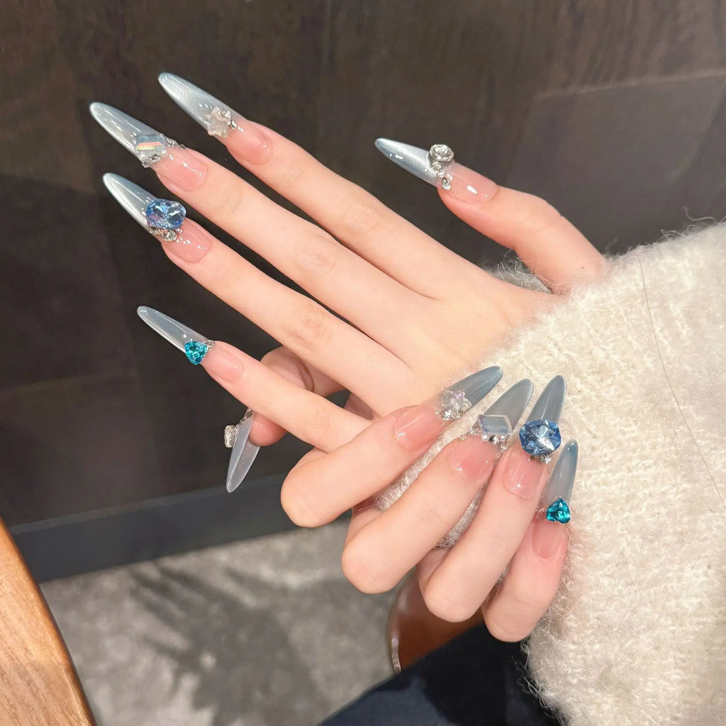 Faux ongles à pression Stiletto Bleu Turquoise French Strass - Faits main (Lot de 10)