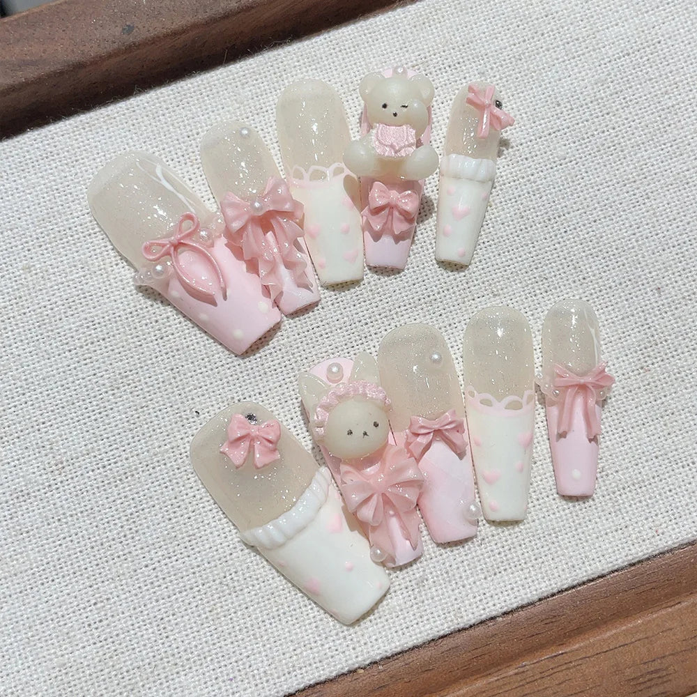 Faux ongles à pression Blanc Rose Ourson Nœud – Ballerine - Faits main (Lot de 10)