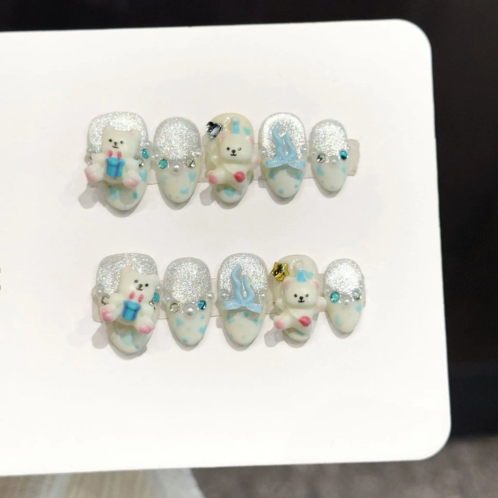 Faux ongles à pression Amande Moyen Lait Arc-en-ciel Oursons 3D Pois Girly - Faits main (Lot de 10)