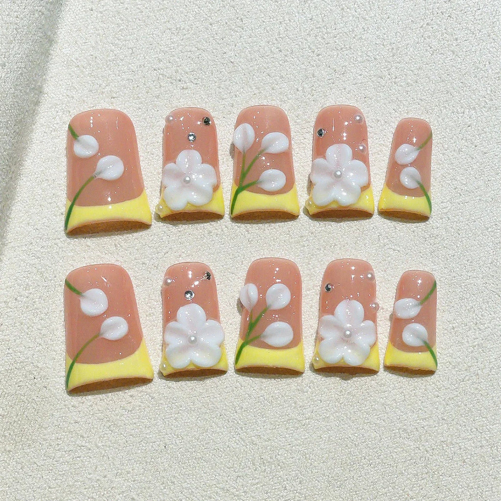 Faux ongles à pression Pêche French Jaune Fleur Blanche 3D - Duck Nails– Faits main (Lot de 10)