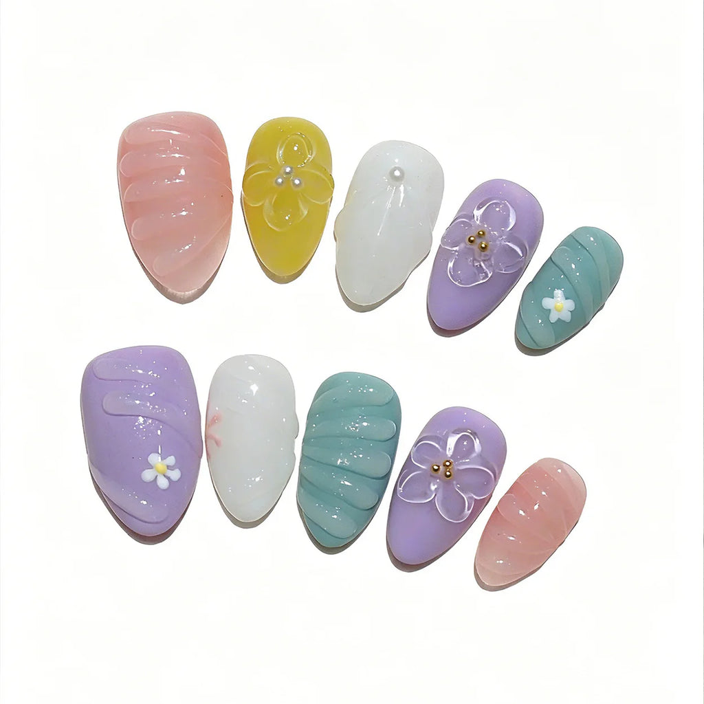 Faux ongles à pression Multicolore Fleurs Pastel – Amande - Faits main (Lot de 10)