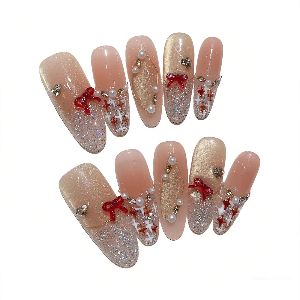 Faux ongles à pression Ovale Long Rose Dégradé Nœud Bling Bling Noble - Faits main (Lot de 10)