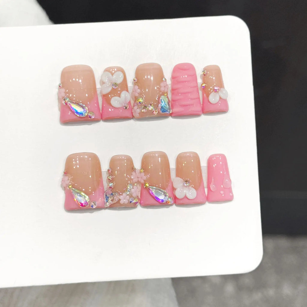 Faux ongles à pression Duck Moyen Gouttes d'Eau Colorées Sculptées 3D - Faits main (Lot de 10)