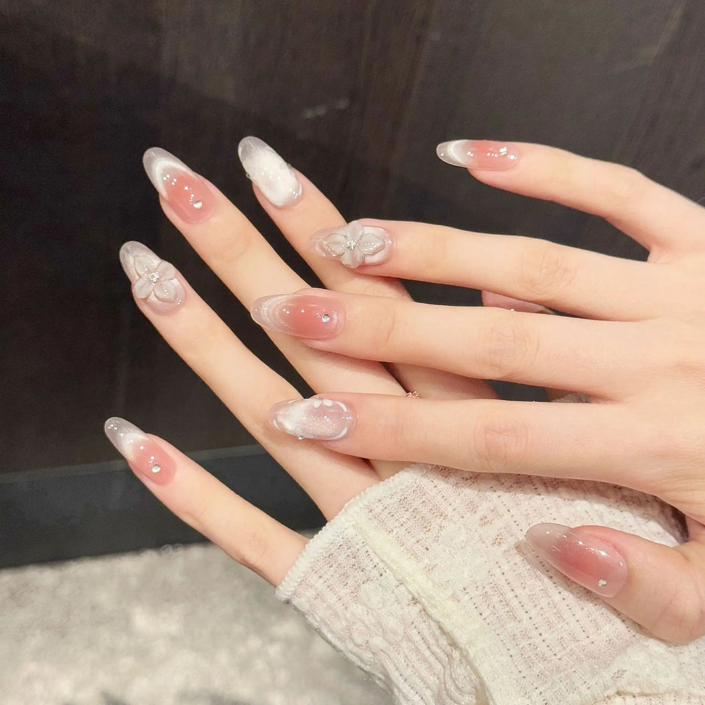 Faux ongles à pression Ovale Moyen Transparent Glacé Œil de Chat Sculpté 3D - Faits main (Lot de 10)