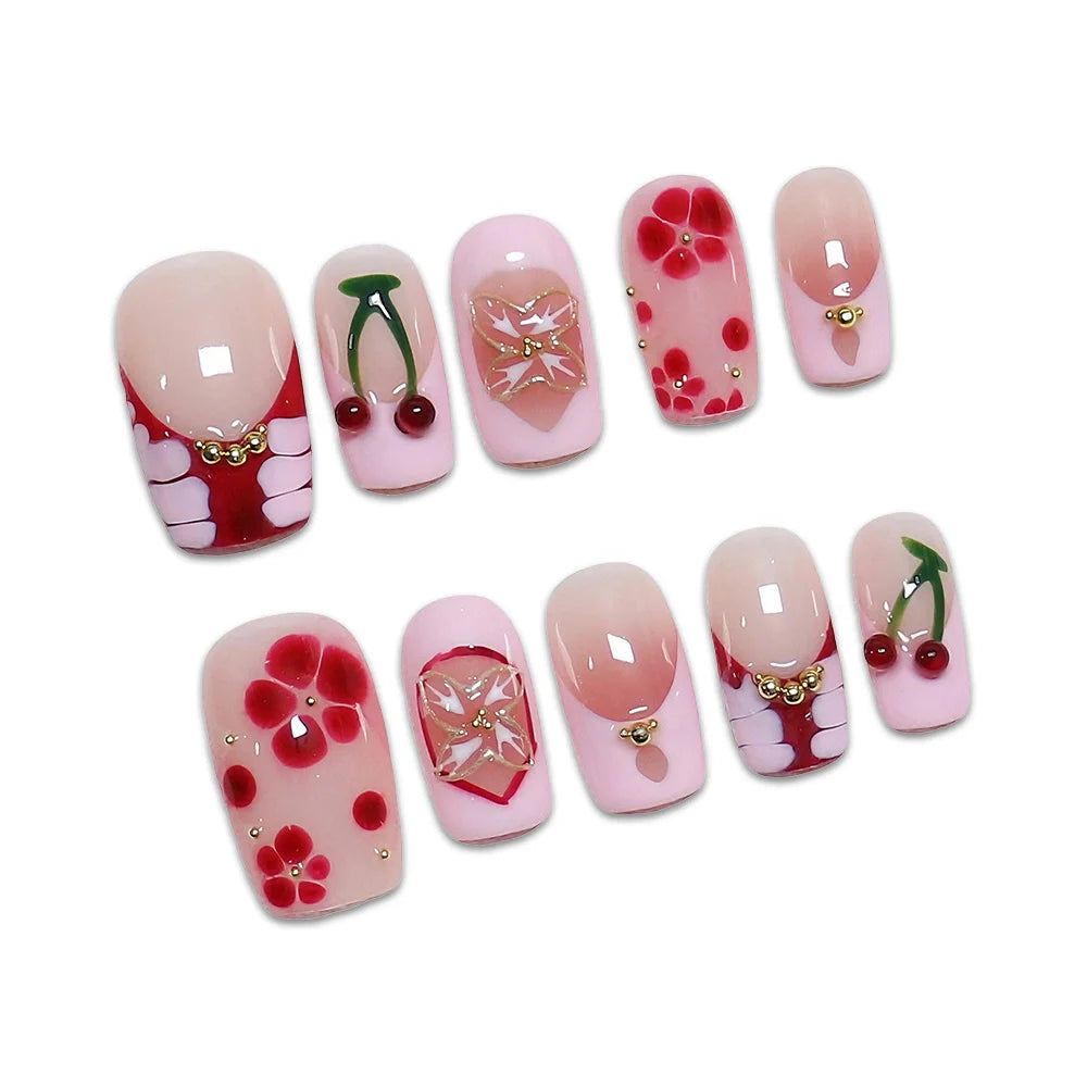 Faux ongles à pression Rose Cerise Fleur Rouge Strass – Faits main (Lot de 10)