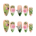 Faux ongles à pression Amande Moyen Rose Vert Dégradé Fleurs Effet Miroir - Faits main (Lot de 10)
