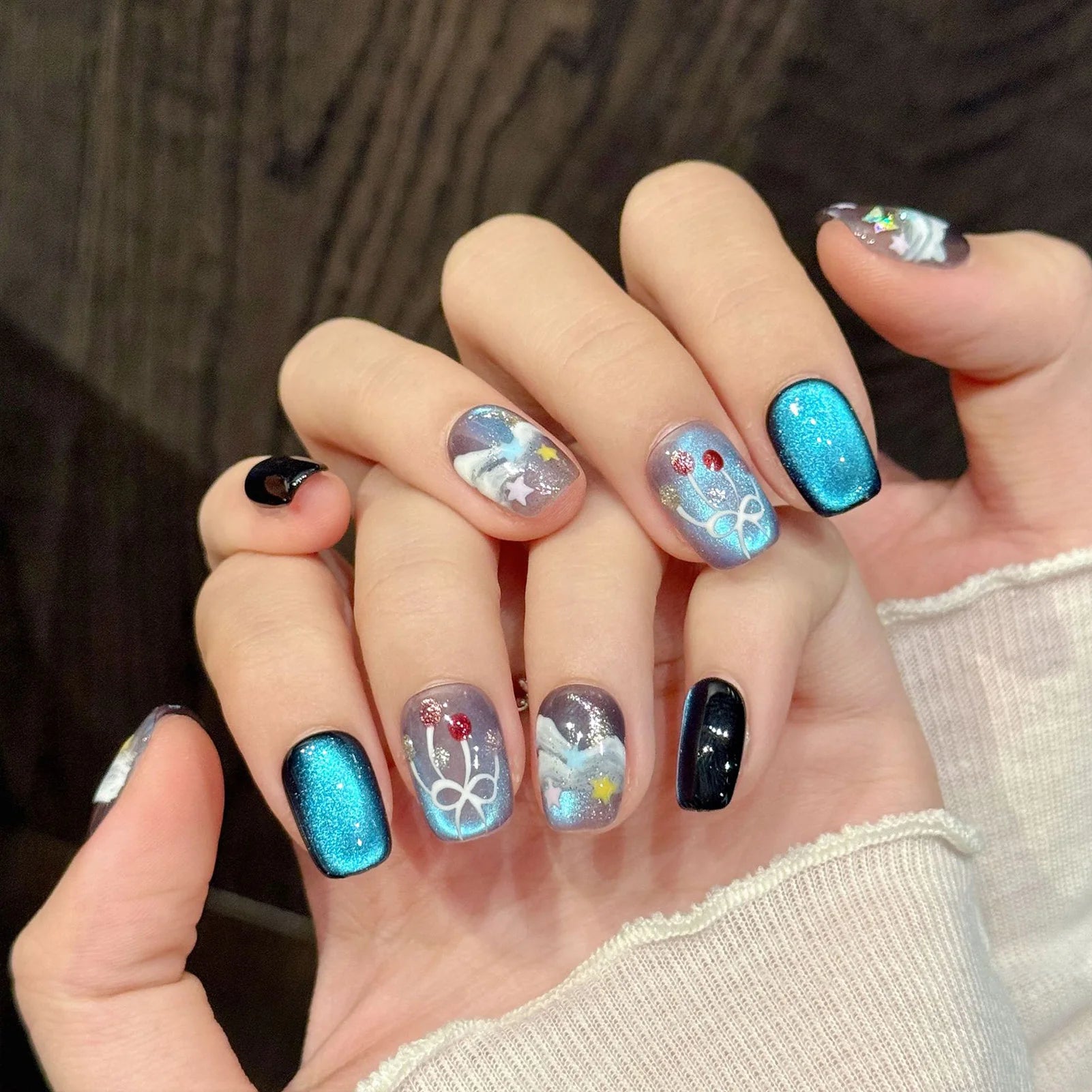 Faux ongles à pression Bleu Océan Aurora Irisé - Faits main (Lot de 10)
