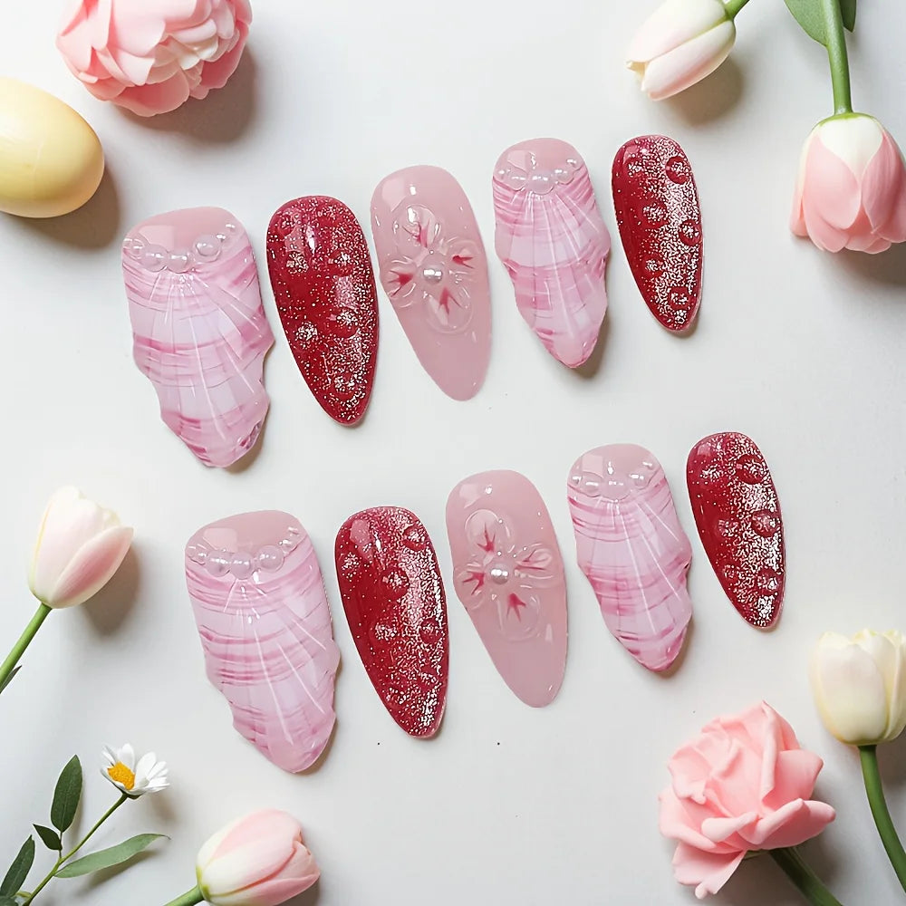 Faux ongles à pression en Amande - Rose Rouge Marbré Fleur Strass – Faits main (Lot de 10)