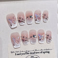Faux ongles à pression Carré Moyen Nude Blanc Papillon Irisé Strass – Faits main (Lot de 10)