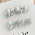 Faux ongles à pression Carré Court Bleu Cyan Sequins Scintillants - Faits main (Lot de 10)