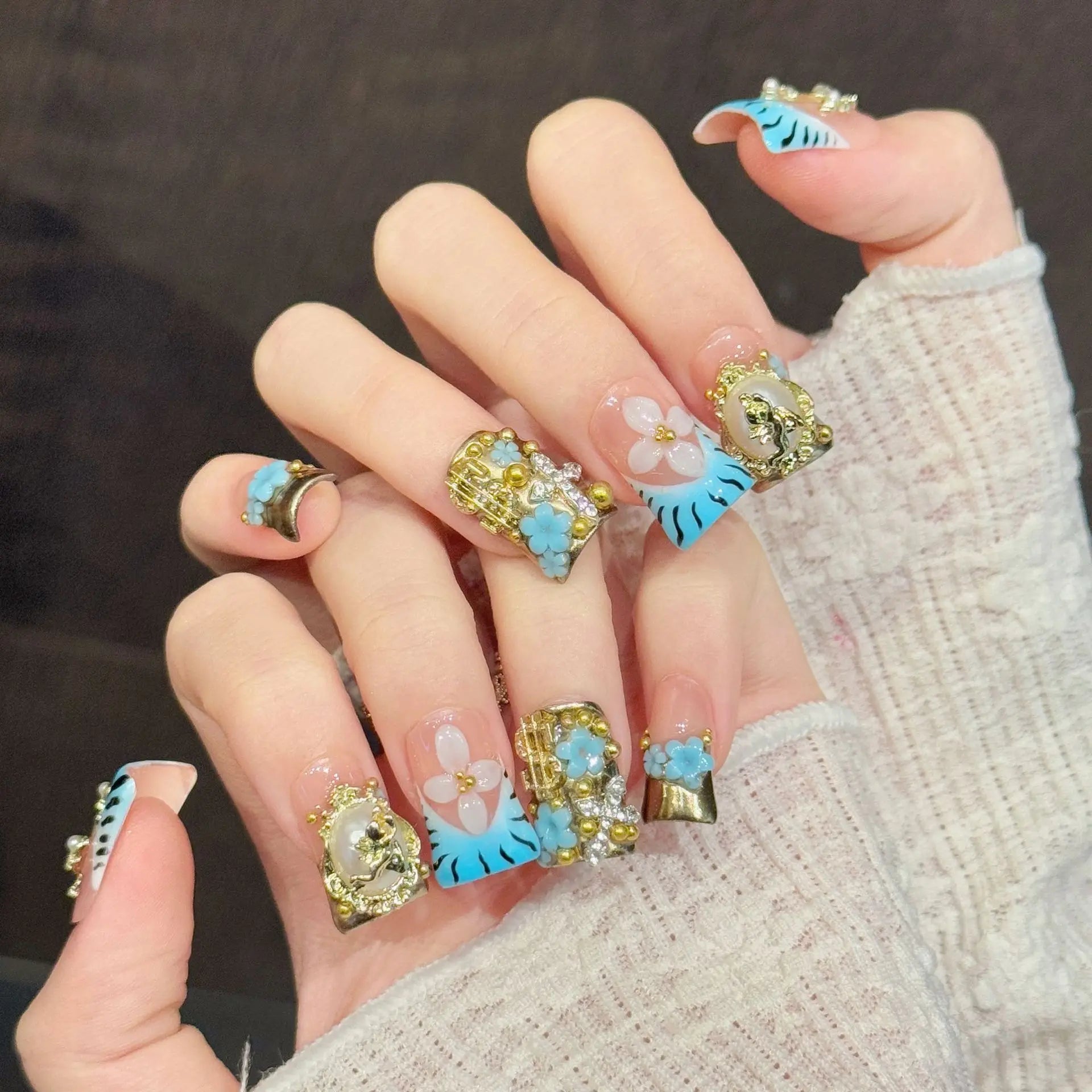 Faux ongles à pression Duck Moyen Bleu Marine Doré Rayures Vintage - Faits main (Lot de 10)