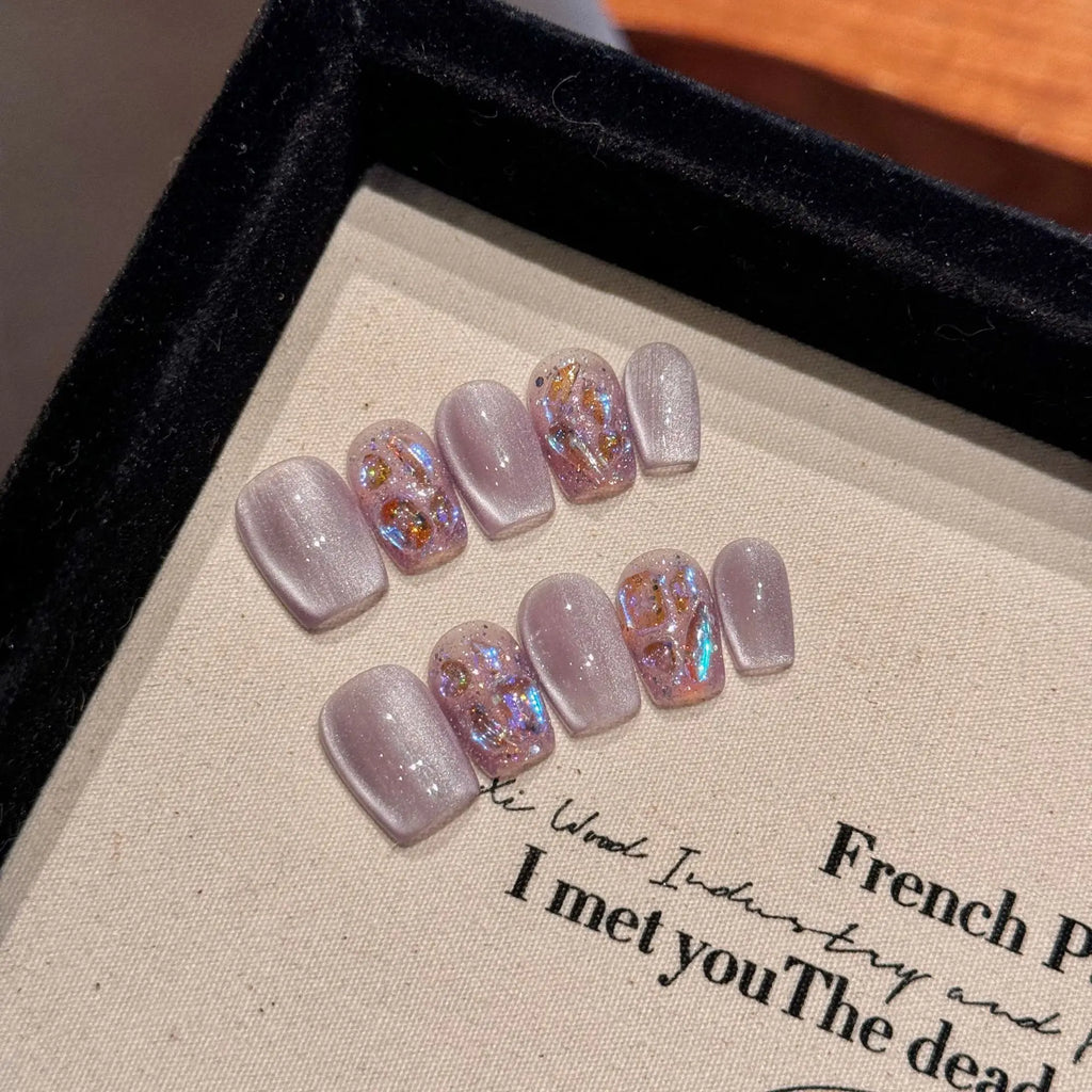 Faux ongles à pression Amande Court Lavande Pailletée Diamant Brisé - Faits main (Lot de 10)