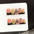 Faux ongles à pression Duck Moyen Noir Poudré Ornements Dorés Contrasté - Faits main (Lot de 10)