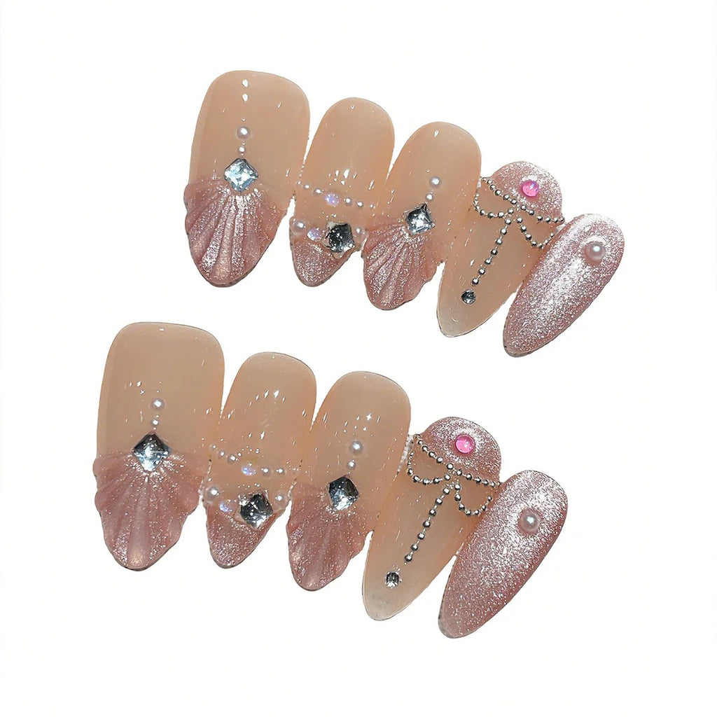 Faux ongles à pression en Amande Nude Rosé Strass – Faits main (Lot de 10)