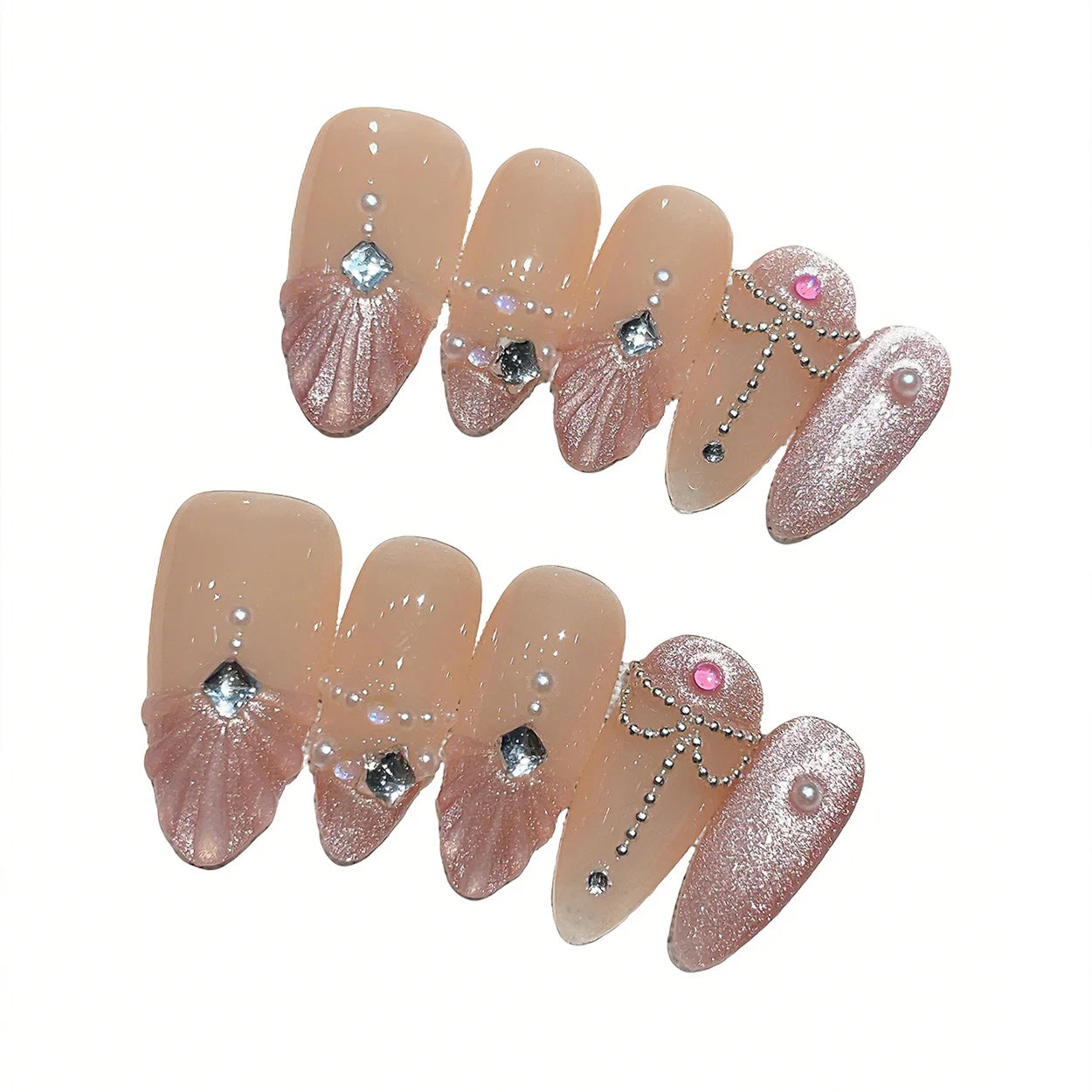 Faux ongles à pression en Amande Nude Rosé Strass – Faits main (Lot de 10)