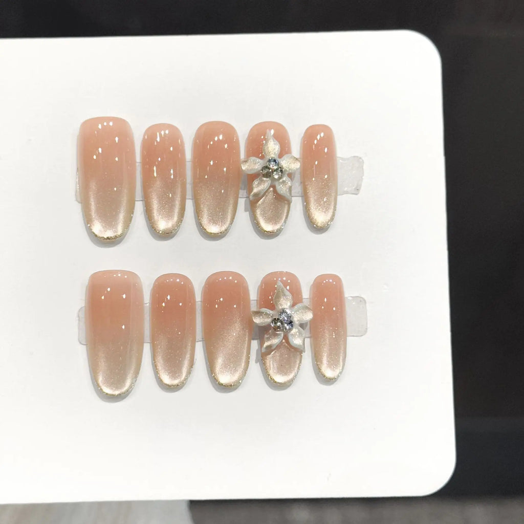 Faux ongles à pression Ovale Moyen Beige Sculpté 3D Contour Doré Effet Miroir - Faits main (Lot de 10)