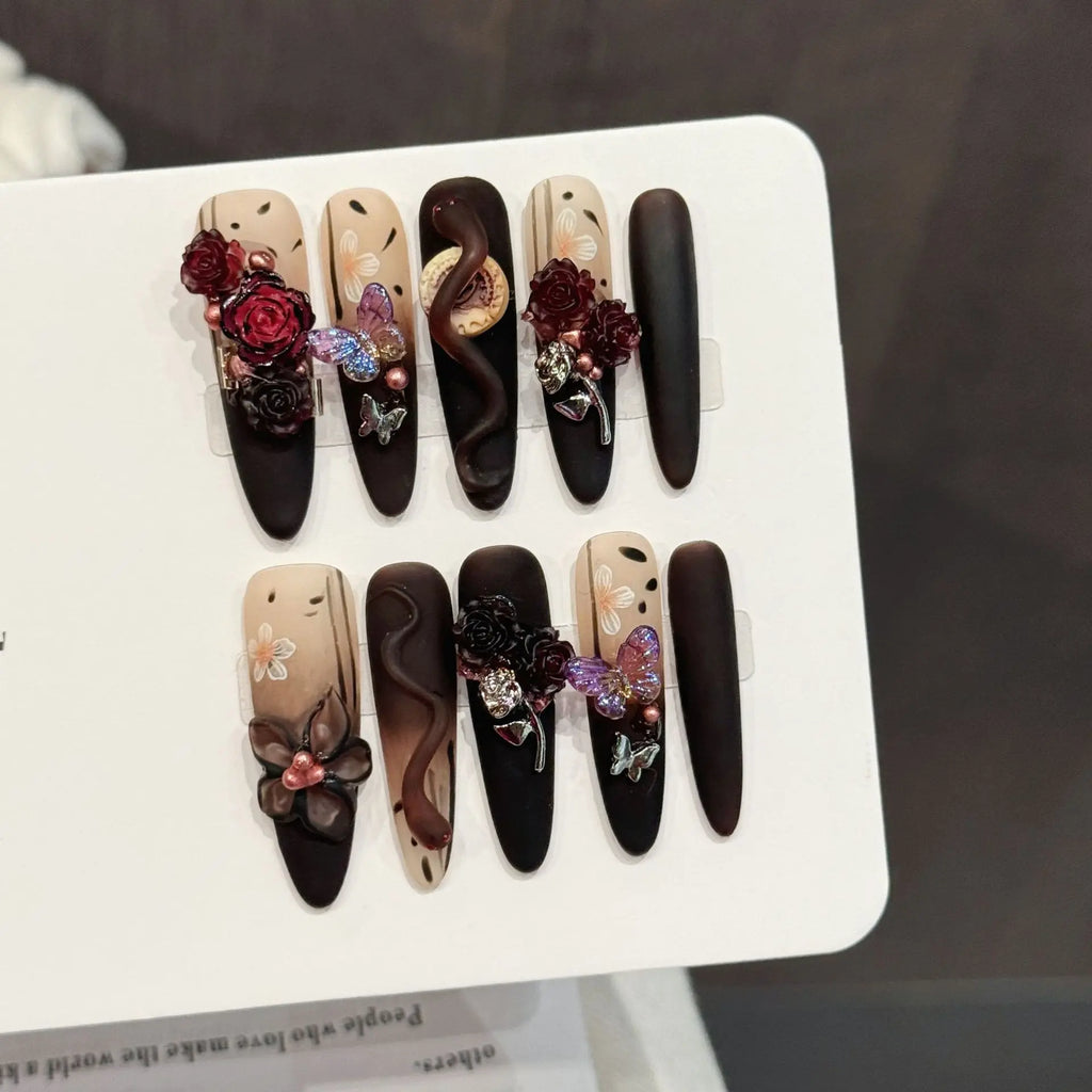 Faux ongles à pression Stiletto Long Noir Brun Dégradé Rose 3D Serpent - Faits main (Lot de 10)
