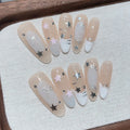 Faux ongles à pression en Amande - Nude Étoiles Argentées Nœud – Faits main (Lot de 10)