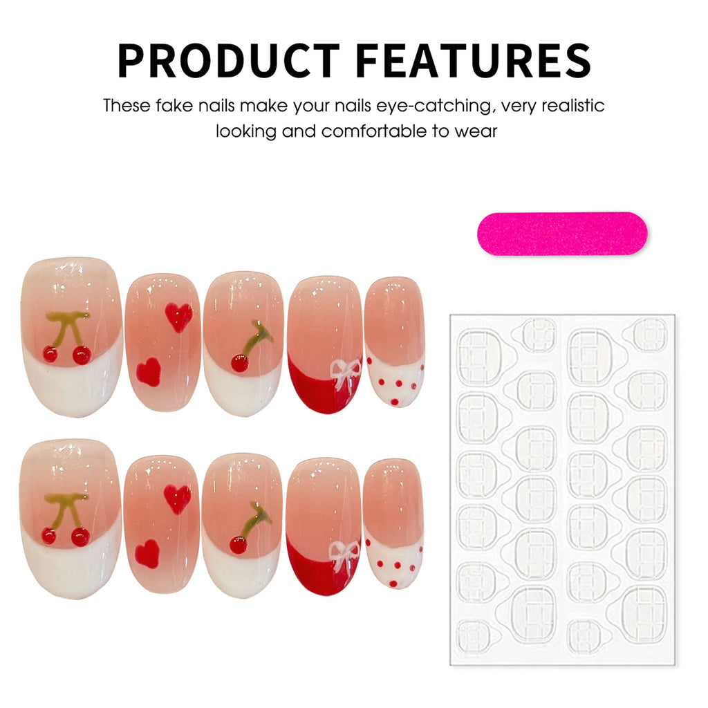 Faux ongles à pression Ovale Court Rose Cerises Fraîches - Faits main (Lot de 10)