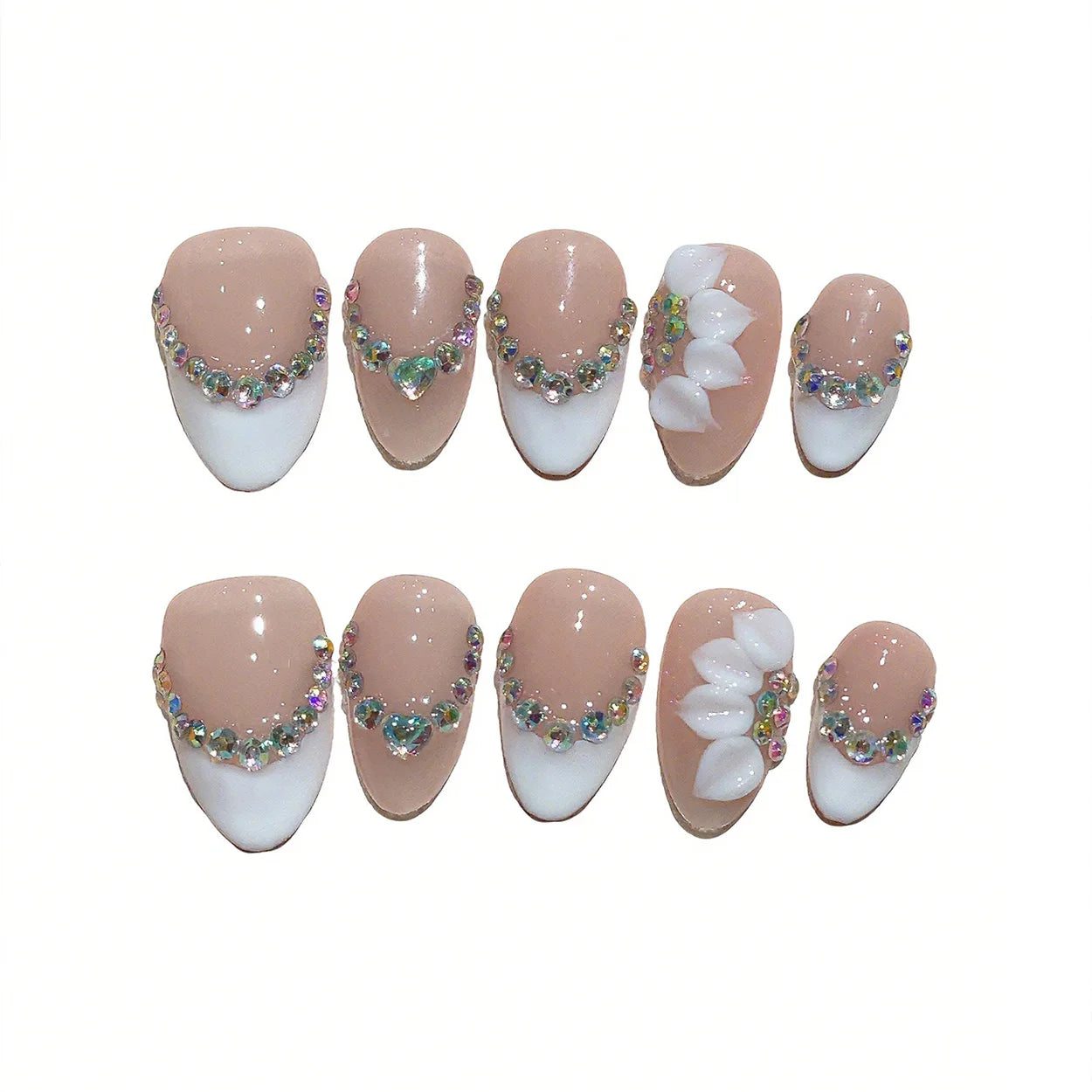 Faux ongles à pression Amande Moyen French Blanc Strass Multicolores Fleur Blanche 3D – Faits main (Lot de 10)