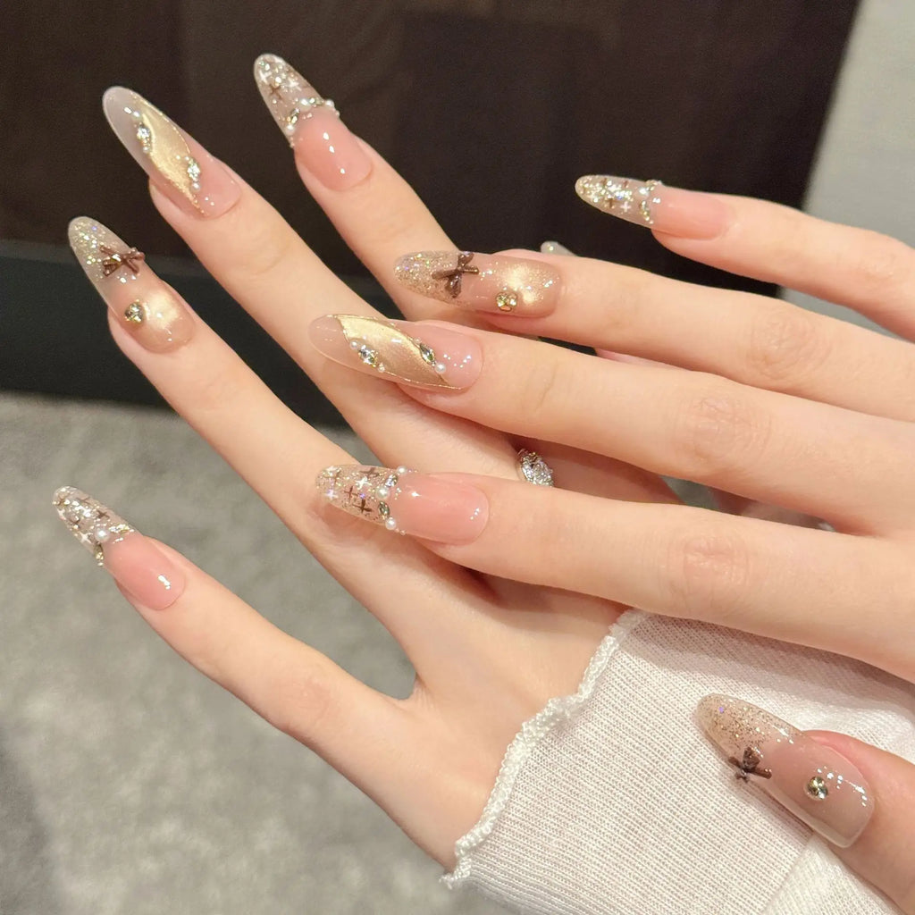 Faux ongles à pression Ovale Moyen Marron Caramel Nœud Effet Miroir - Faits main (Lot de 10)