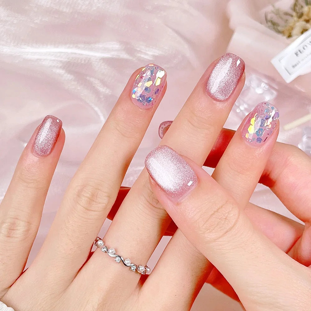 Faux ongles à pression Carrés - Rose Pailleté Holographique – Faits main (Lot de 10)