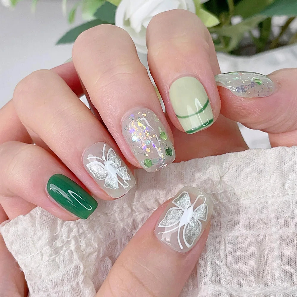 Faux ongles à pression Carrés - Vert Papillon Holographique – Faits main (Lot de 10)