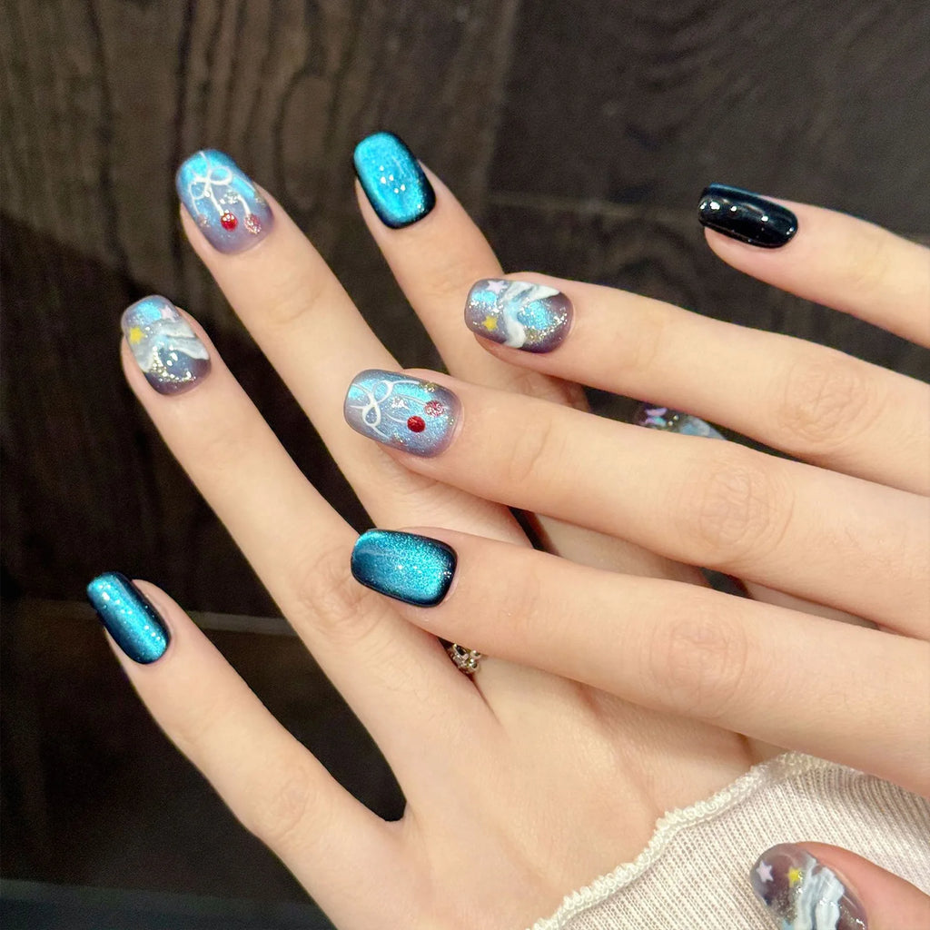 Faux ongles à pression Bleu Océan Aurora Irisé - Faits main (Lot de 10)