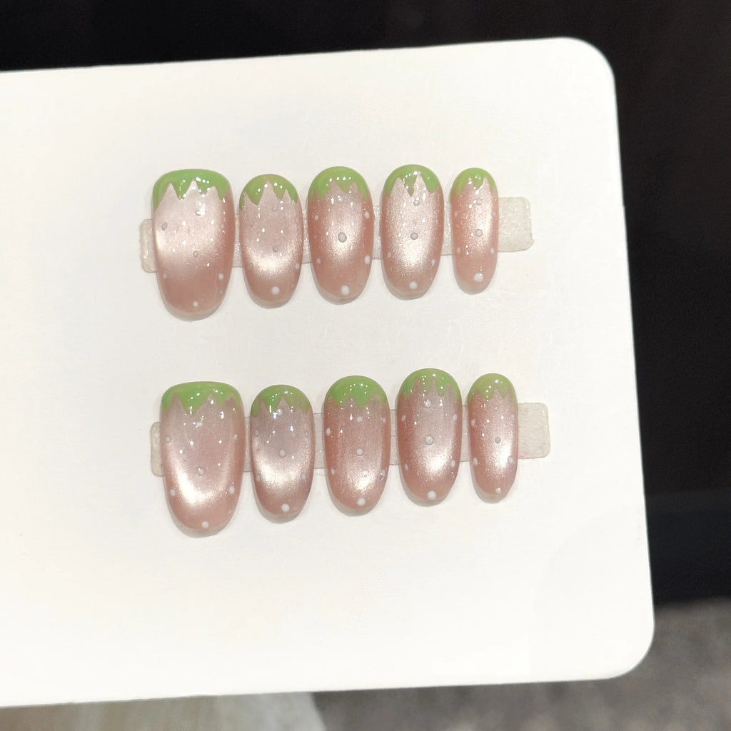 Faux ongles à pression Ovale Moyen Vert Rose Effet Miroir Fraise - Faits main (Lot de 10)