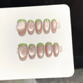 Faux ongles à pression Ovale Moyen Vert Rose Effet Miroir Fraise - Faits main (Lot de 10)