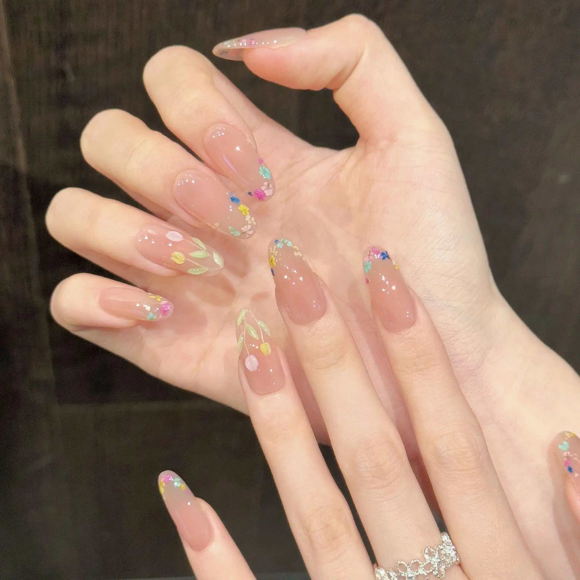 Faux ongles à pression Ovale Beige Rosé Fleurs Peintes et Fleurs Séchées - Faits main (Lot de 10)