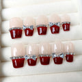 Faux ongles à pression Carré Moyen French Rouge Nœud Strass – Faits main (Lot de 10)