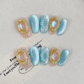 Faux ongles à pression Ovale Court Bleu Cadet Doré Clair de Lune Royal - Faits main (Lot de 10)