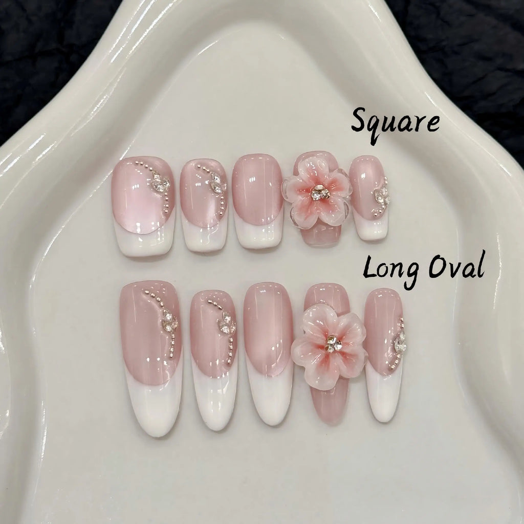 Faux ongles à pression Carré - Ovale Long French Sculptée 3D Œil de Chat - Faits main (Lot de 10)