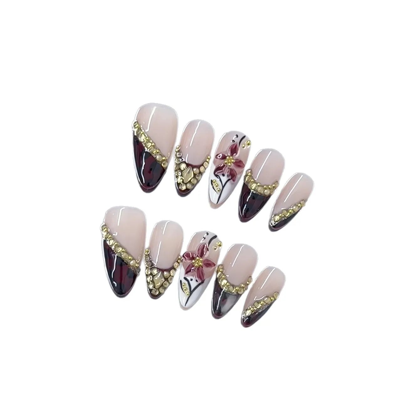 Faux ongles à pression Amande Marron French Dorée Fleurs Sculptées - Faits main (Lot de 10)