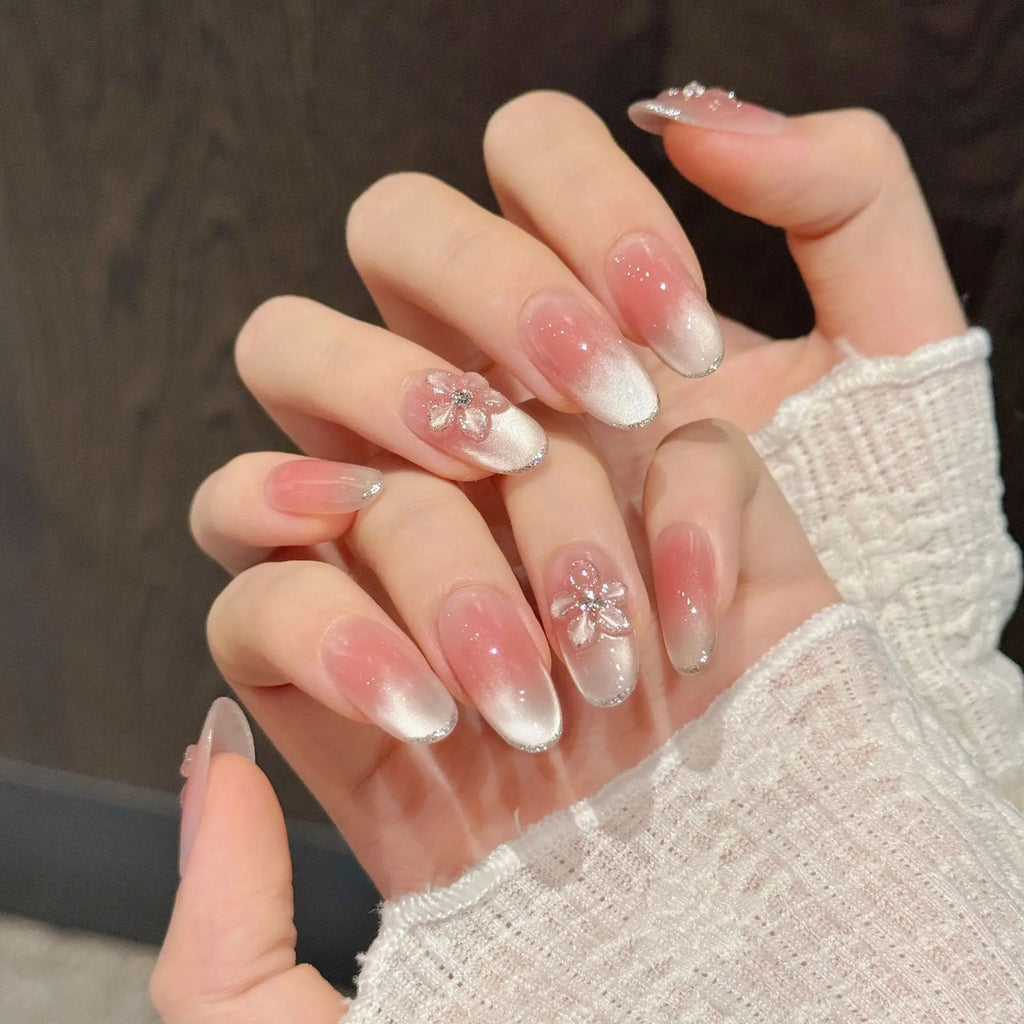 Faux ongles à pression Ovale Moyen Transparent Glacé Sculpté Printanier - Faits main (Lot de 10)