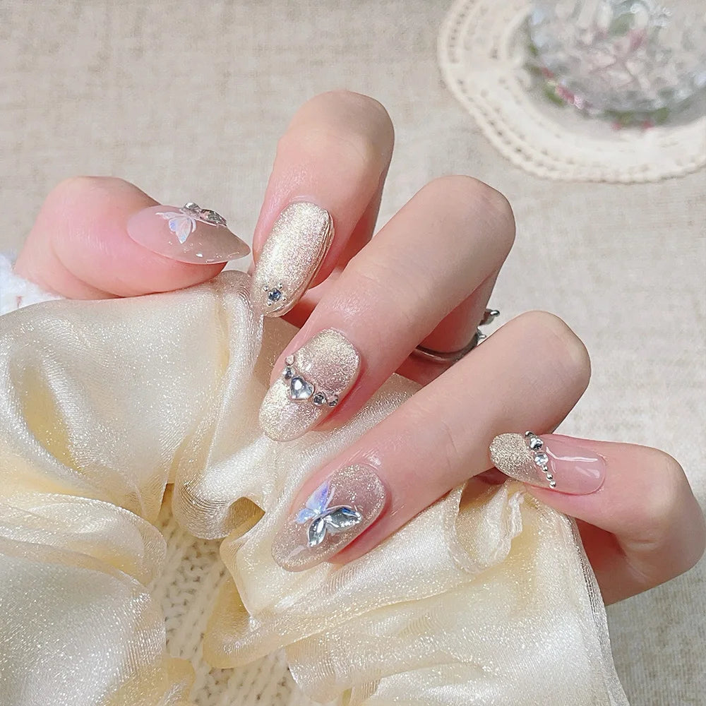 Faux ongles à pression Ovales - Champagne Pailleté Papillon Argenté – Faits main (Lot de 10)