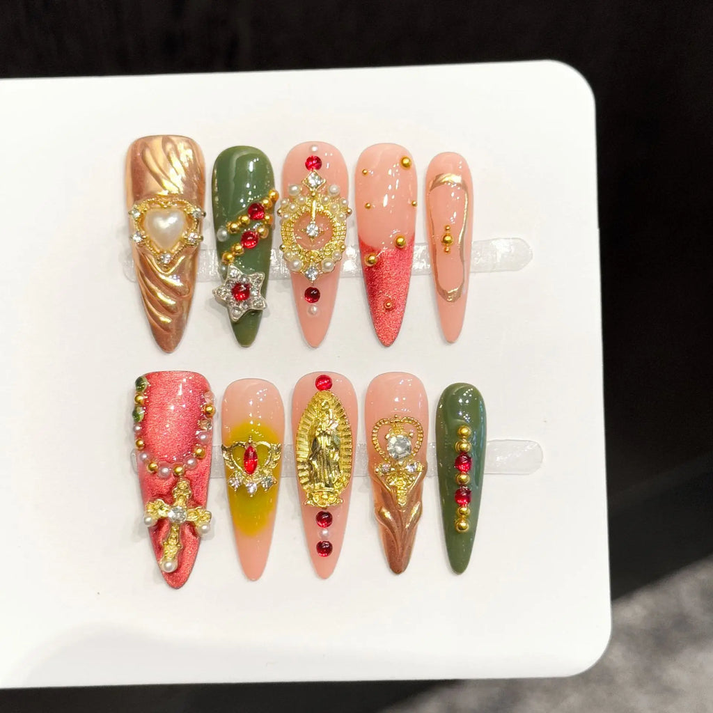 Faux ongles à pression Stiletto Long Rouge Vert Baroque Rétro - Faits main (Lot de 10)