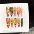 Faux ongles à pression Stiletto Long Rouge Vert Baroque Rétro - Faits main (Lot de 10)