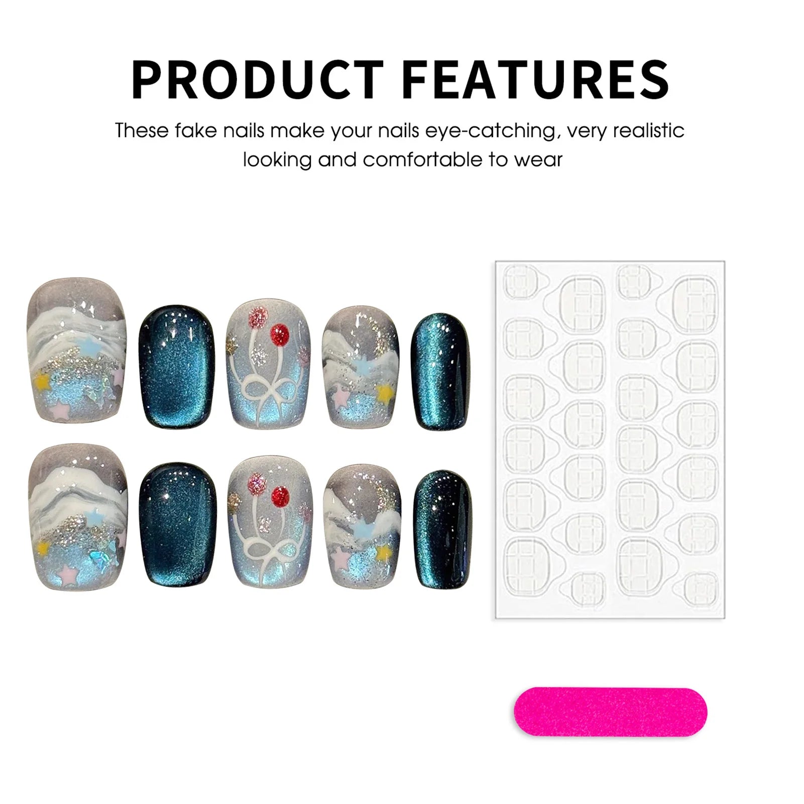 Faux ongles à pression Bleu Océan Aurora Irisé - Faits main (Lot de 10)