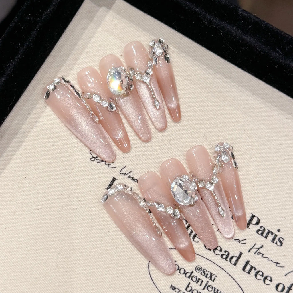 Faux ongles à pression Stiletto Long Rose Clair Diamant Scintillant Glamour - Faits main (Lot de 10)