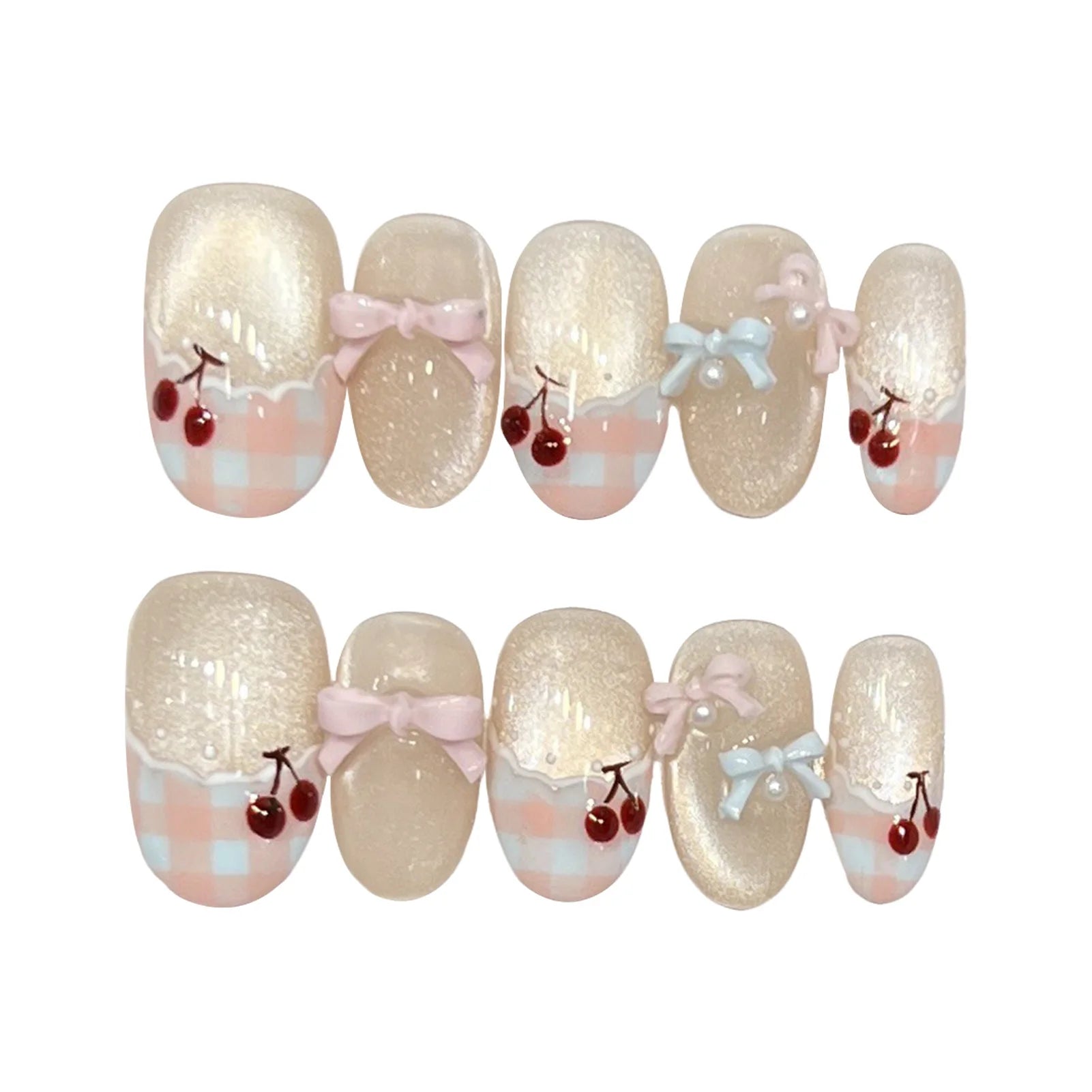 Faux ongles à pression Ovale Court Nœud Effet Miroir - Faits main (Lot de 10)