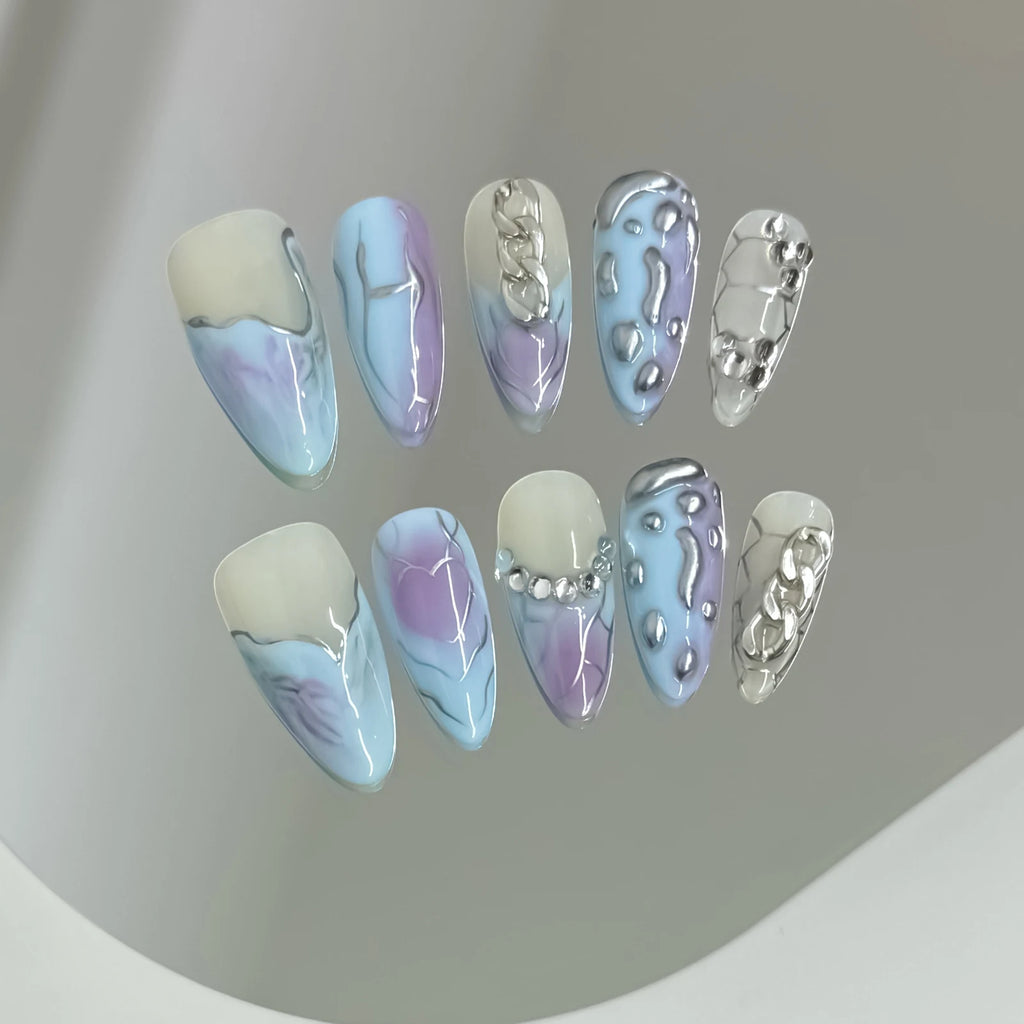 Faux ongles à pression Amande Moyen Argenté Étoiles Style Punk Y2K - Faits main (Lot de 10)