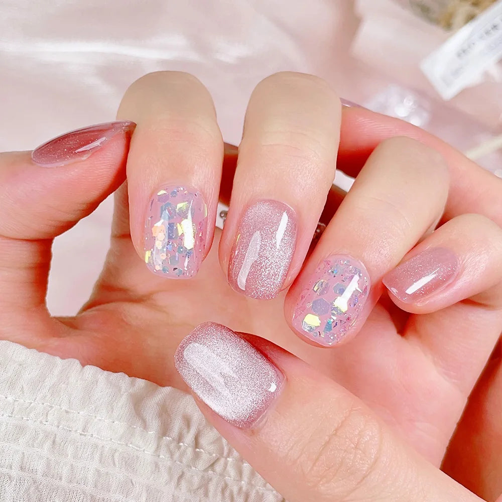 Faux ongles à pression Carrés - Rose Pailleté Holographique – Faits main (Lot de 10)