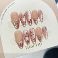 Faux ongles à pression en Amande Rose Fleur Chaîne – Faits main (Lot de 10)
