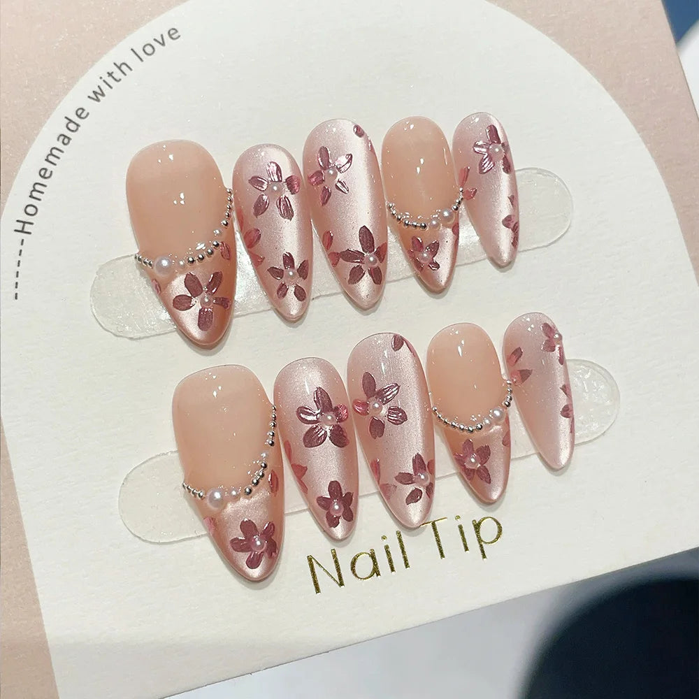 Faux ongles à pression en Amande Rose Fleur Chaîne – Faits main (Lot de 10)