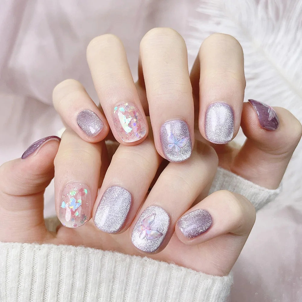 Faux ongles à pression Carré arrondi court - Lilas Pailleté Papillon – Faits main (Lot de 10)