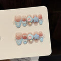 Faux ongles à pression Ovale Moyen Rose Bleu Dégradé Donuts Sucrés - Faits main (Lot de 10)