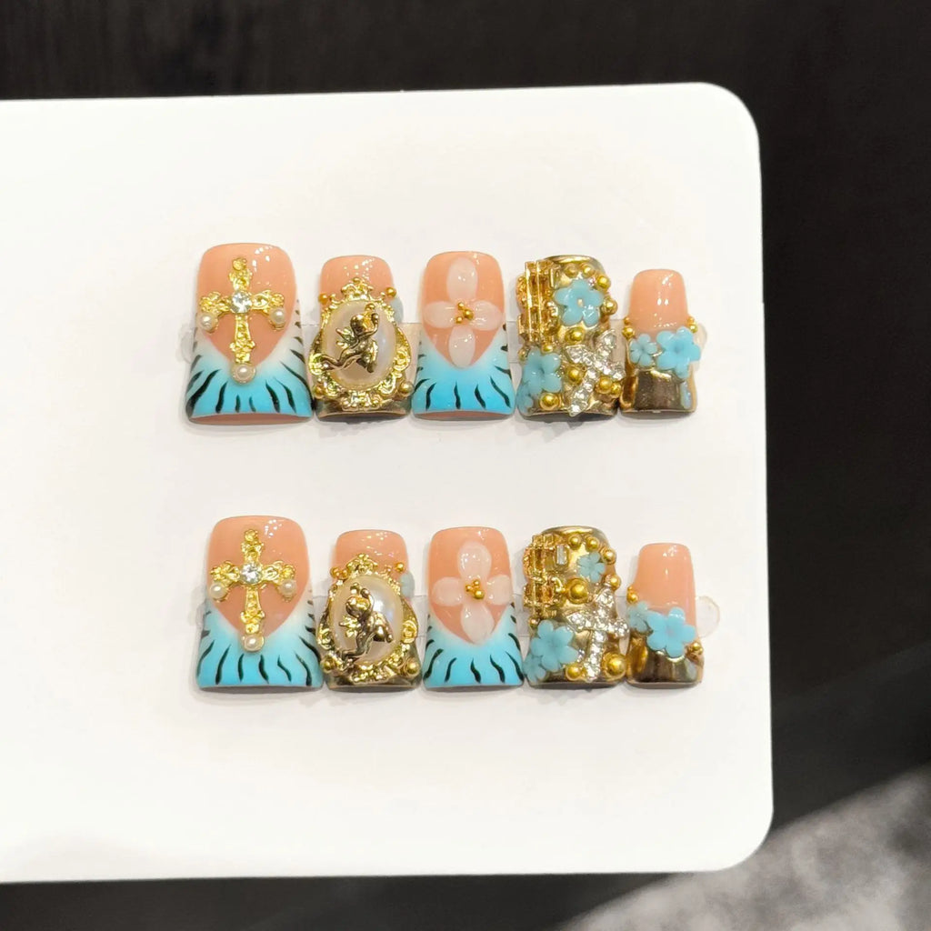 Faux ongles à pression Duck Moyen Bleu Marine Doré Rayures Vintage - Faits main (Lot de 10)