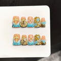 Faux ongles à pression Duck Moyen Bleu Marine Doré Rayures Vintage - Faits main (Lot de 10)